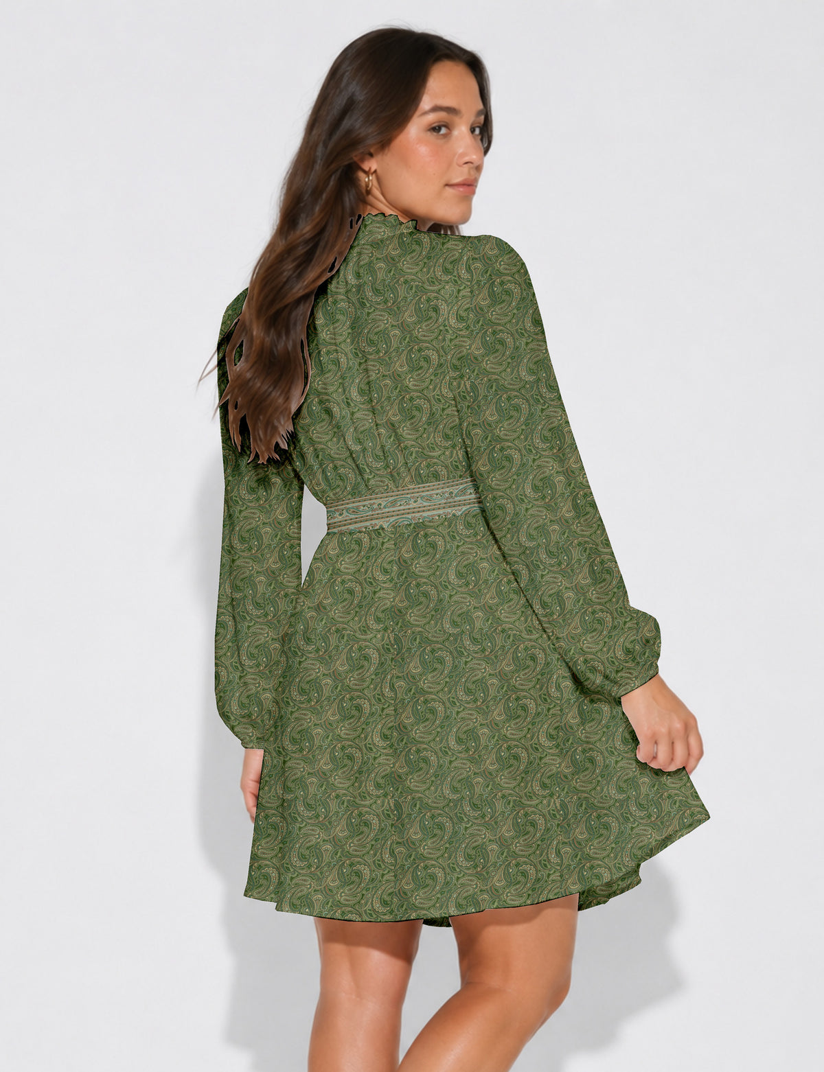 Swing dress with belt - Yellow Floral - Green Paisley