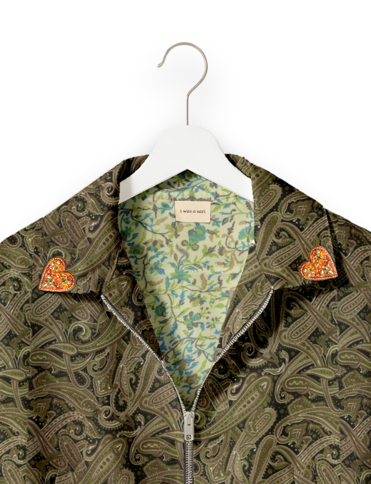 Love Bomber Jacket made from recycled fabric, featuring hand-stitched Aari embroidery. A unique piece of zero-waste clothing, part of the circular fashion movement. Designed with upcycled materials for a stylish yet environmentally friendly clothing choice.