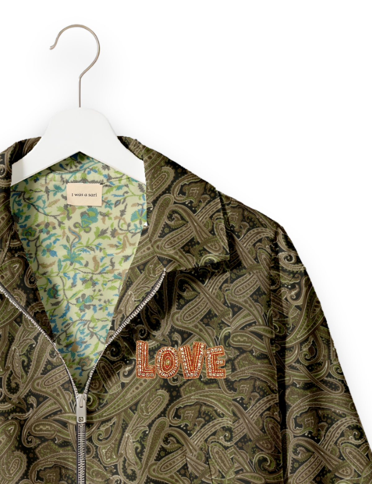 Love Bomber Jacket made from recycled fabric, featuring hand-stitched Aari embroidery. A unique piece of zero-waste clothing, part of the circular fashion movement. Designed with upcycled materials for a stylish yet environmentally friendly clothing choice.