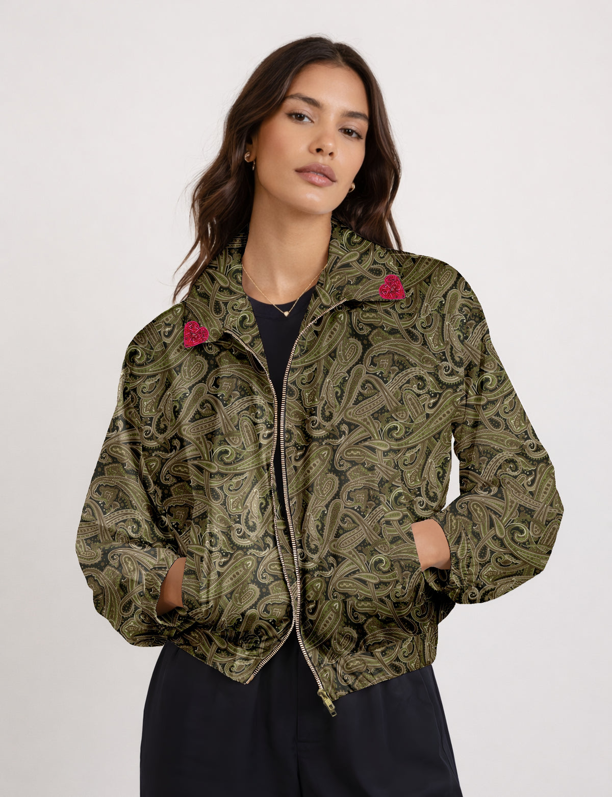 Love Bomber Jacket made from recycled fabric, featuring hand-stitched Aari embroidery. A unique piece of zero-waste clothing, part of the circular fashion movement. Designed with upcycled materials for a stylish yet environmentally friendly clothing choice.