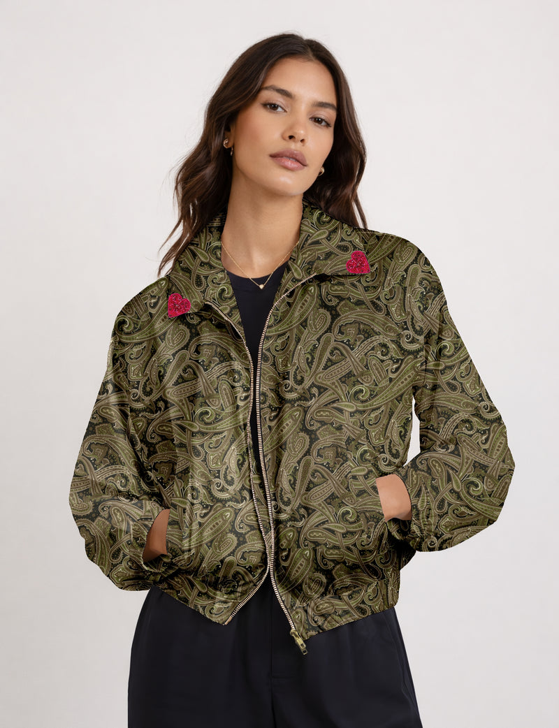 Love Bomber Jacket made from recycled fabric, featuring hand-stitched Aari embroidery. A unique piece of zero-waste clothing, part of the circular fashion movement. Designed with upcycled materials for a stylish yet environmentally friendly clothing choice.