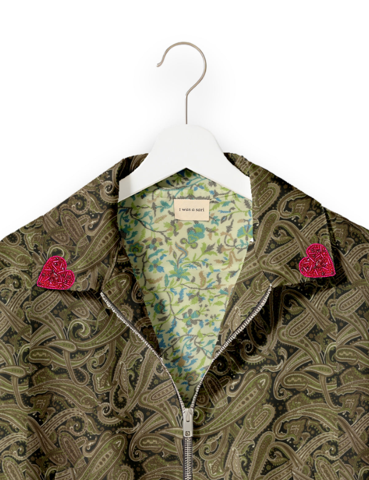 Love Bomber Jacket made from recycled fabric, featuring hand-stitched Aari embroidery. A unique piece of zero-waste clothing, part of the circular fashion movement. Designed with upcycled materials for a stylish yet environmentally friendly clothing choice.