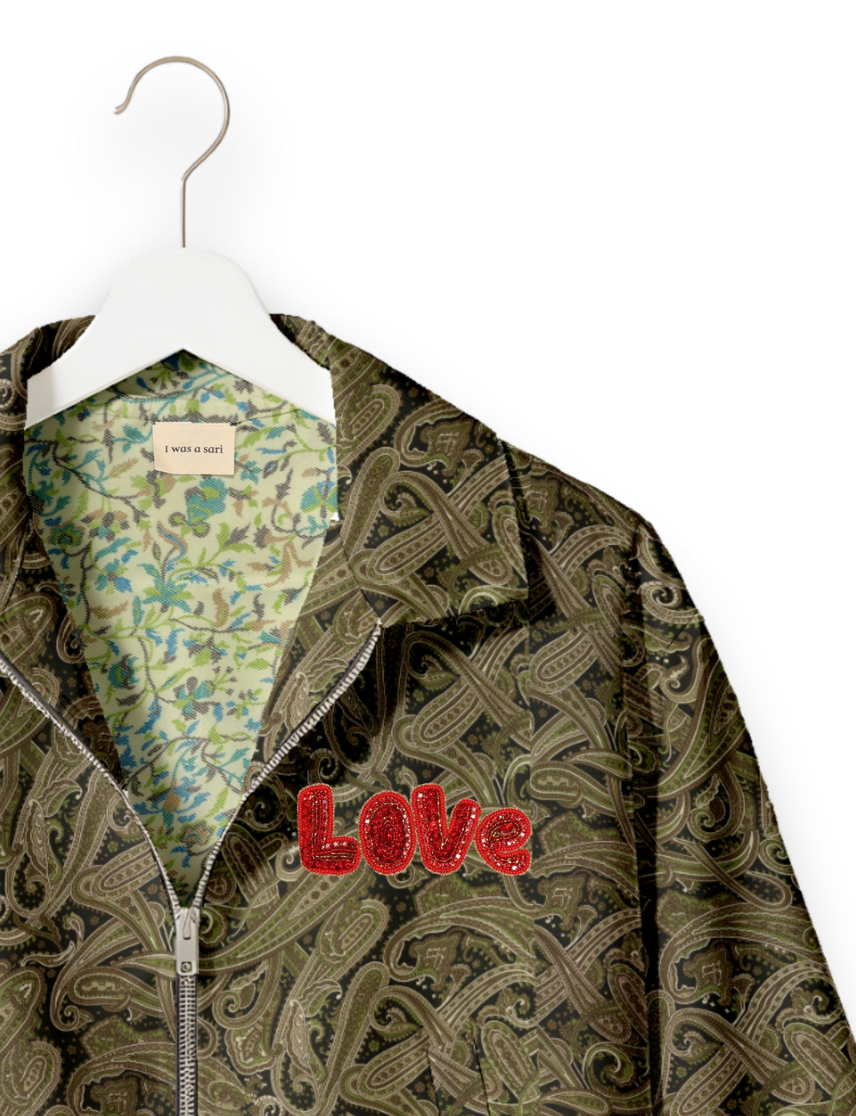 Love Bomber Jacket made from recycled fabric, featuring hand-stitched Aari embroidery. A unique piece of zero-waste clothing, part of the circular fashion movement. Designed with upcycled materials for a stylish yet environmentally friendly clothing choice.