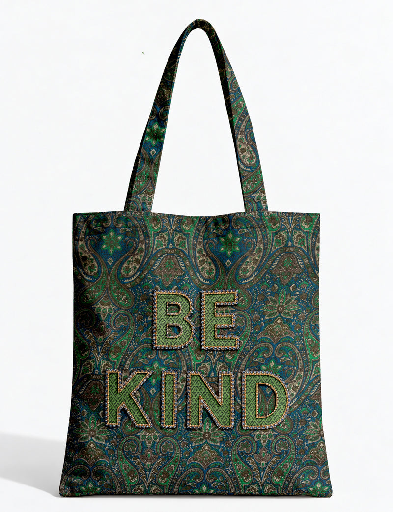 Be Kind tote bag with contrast sari fabric appliqué lettering, double shoulder straps, and front slip pocket.