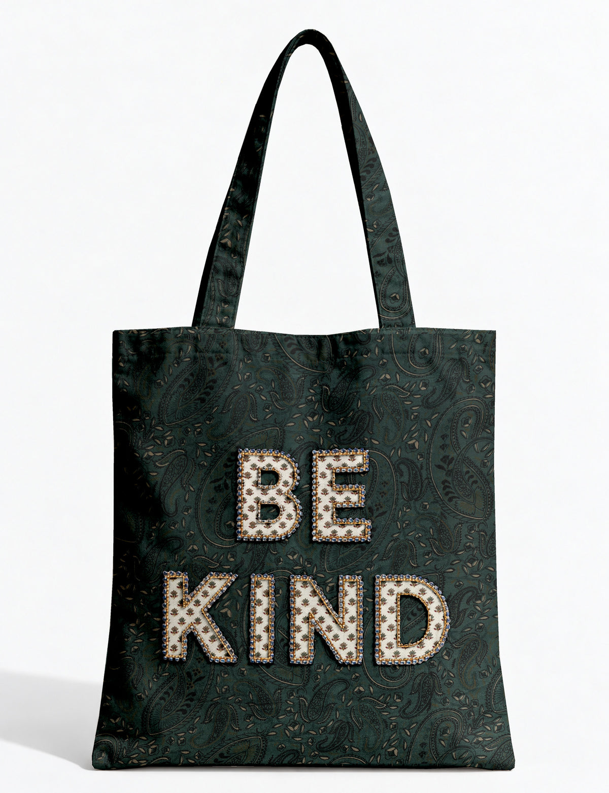 Be Kind tote bag with contrast sari fabric appliqué lettering, double shoulder straps, and front slip pocket.