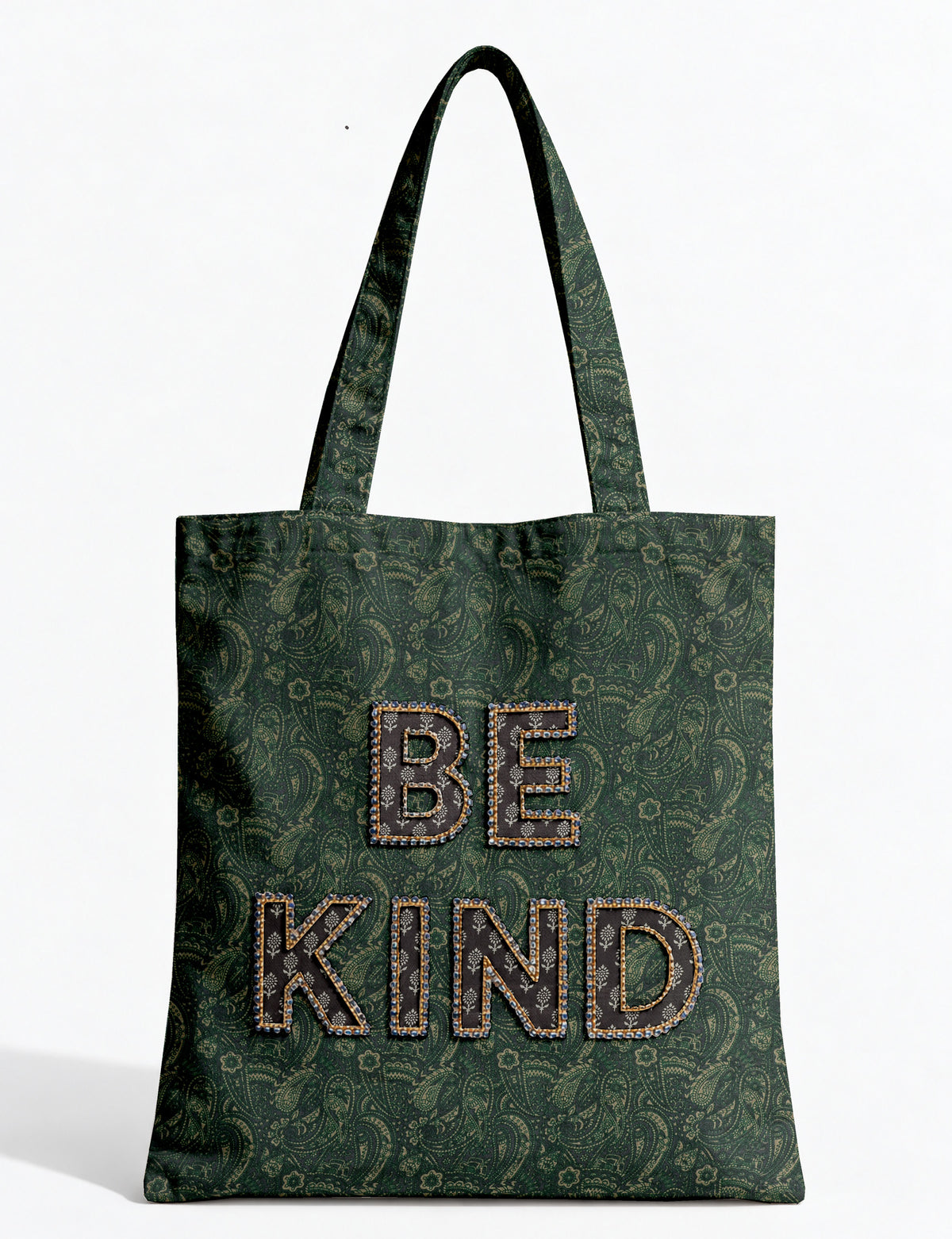 Be Kind tote bag with contrast sari fabric appliqué lettering, double shoulder straps, and front slip pocket.