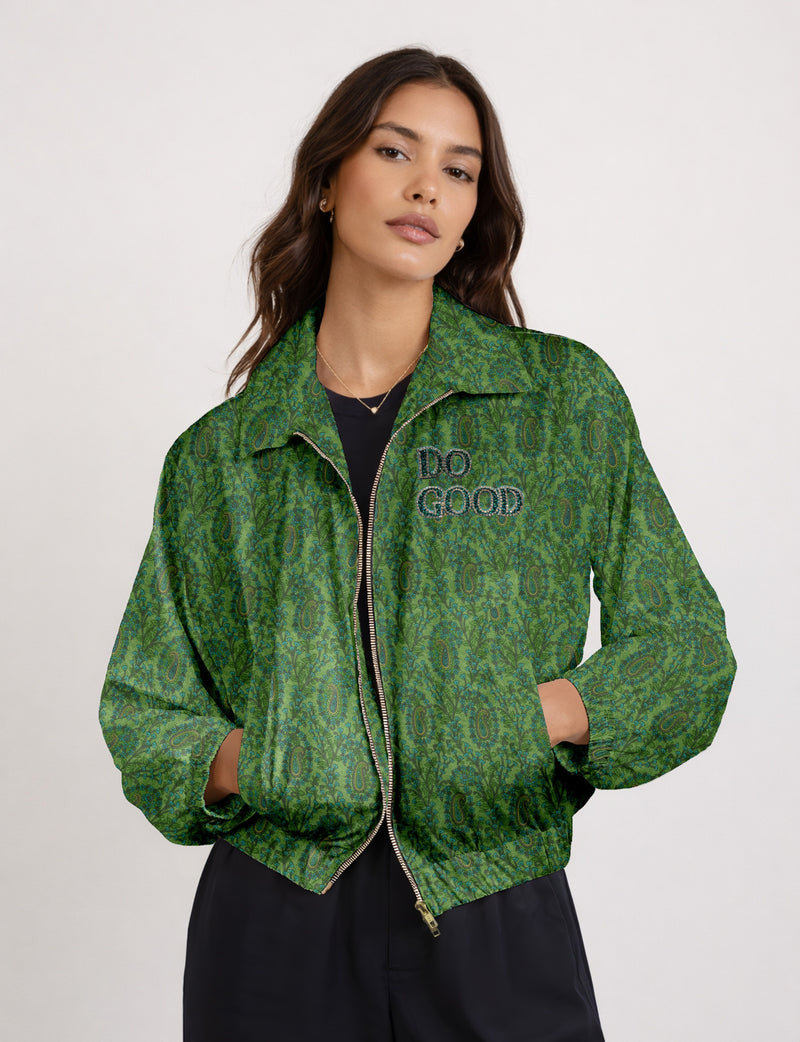 Green cropped bomber jacket with DO GOOD hand embroidery on the left chest and contrasting inner.