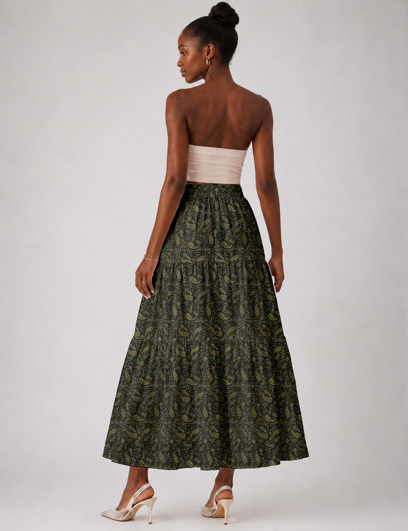 Midi Tiered Skirt - Green Paisley