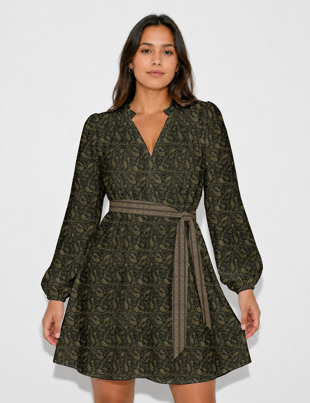 Swing dress with belt - Green Paisley