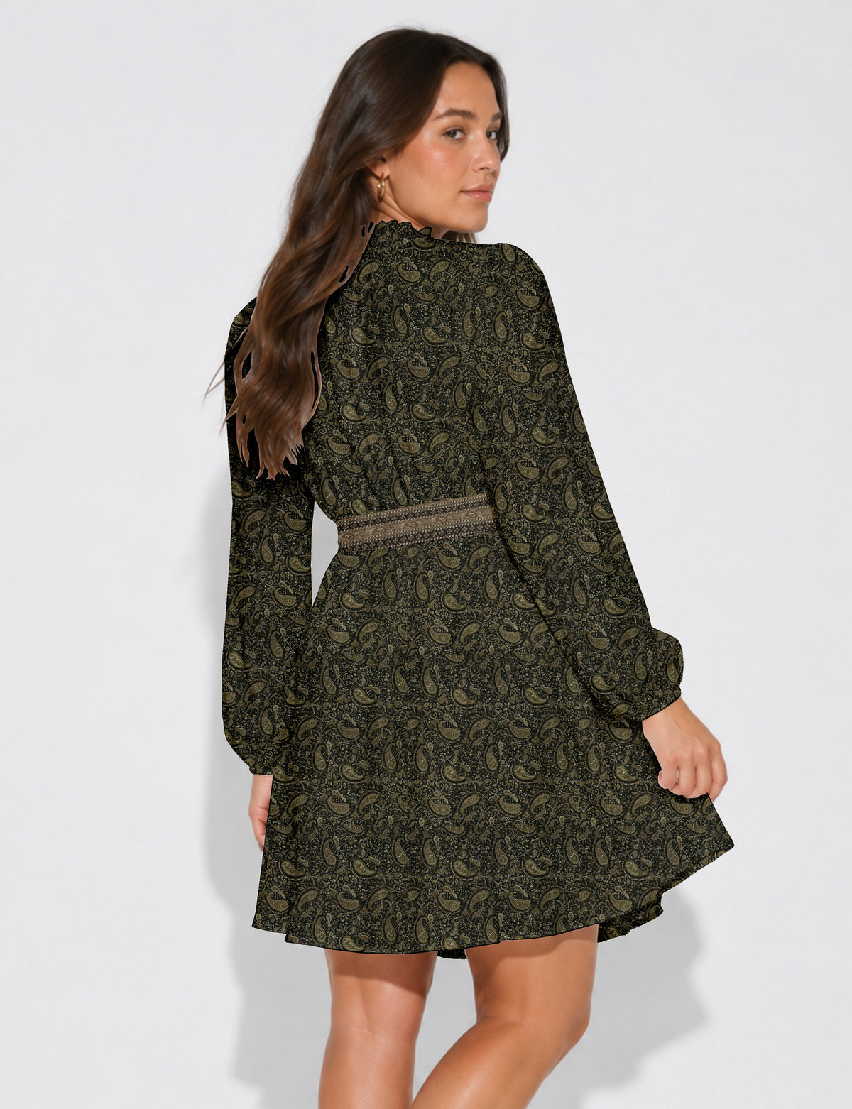 Swing dress with belt - Green Paisley