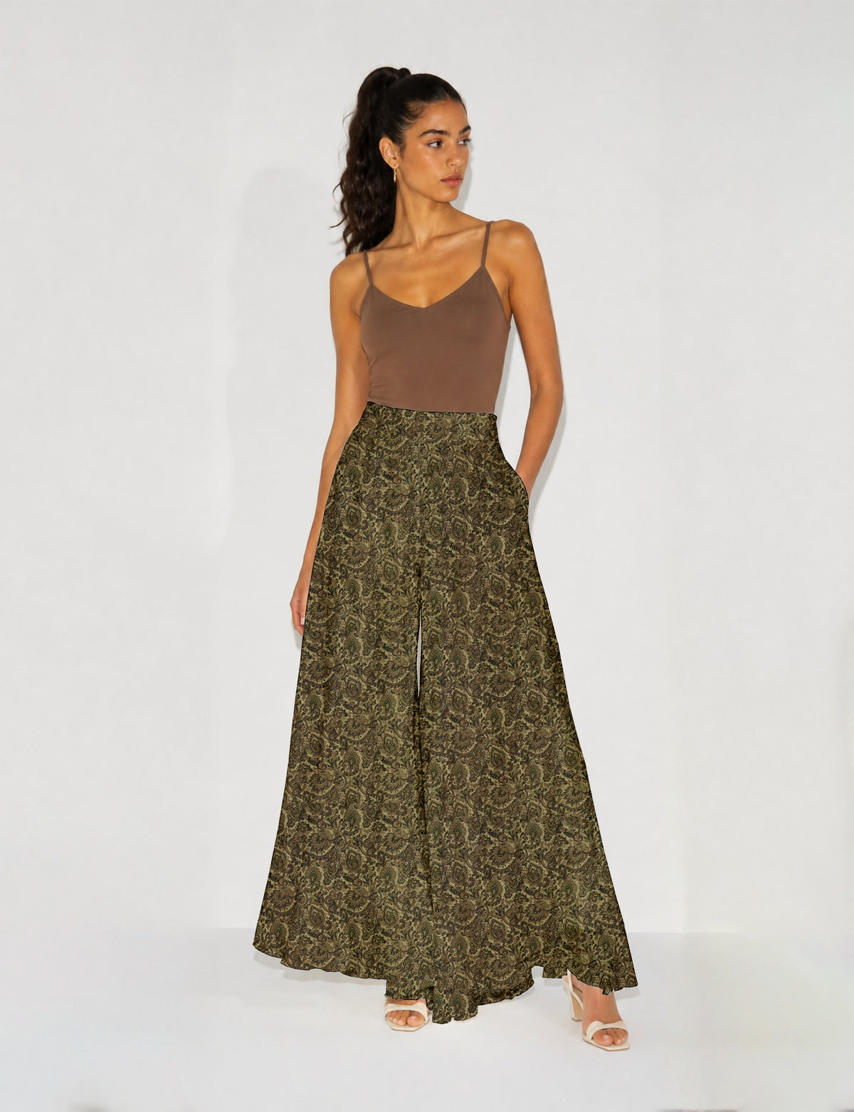 Wide Leg Palazzo Trousers - Green Tropical