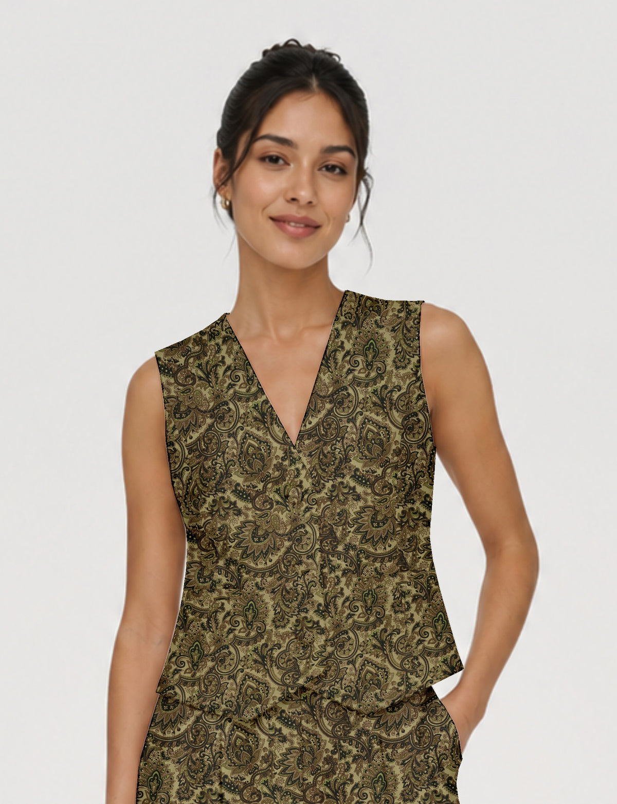 Women's fitted waistcoat with V-neck, single-breasted button closure, tailored silhouette, and pointed hem in sustainable fashion.