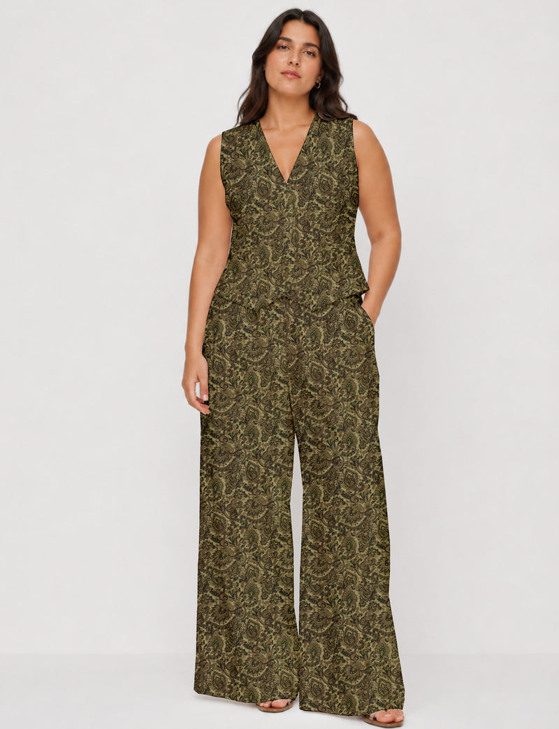 Women's tailored waistcoat set with a sleeveless V-neck button-front waistcoat and high-rise wide leg trousers in a coordinated matching outfit.