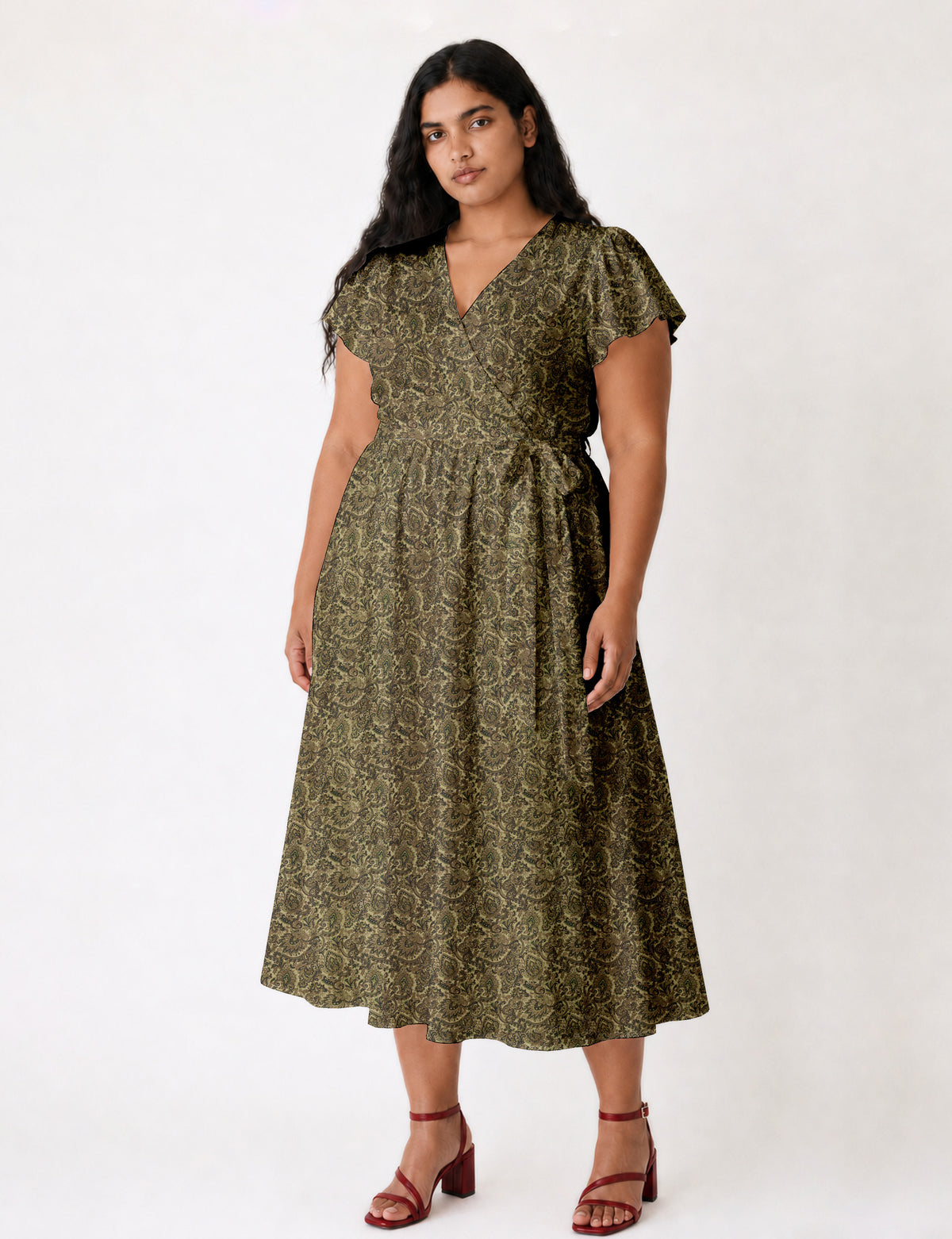 Elegant midi wrap dress with a V-neckline, adjustable waist tie, fitted bodice, and flared skirt for a timeless, flattering silhouette.