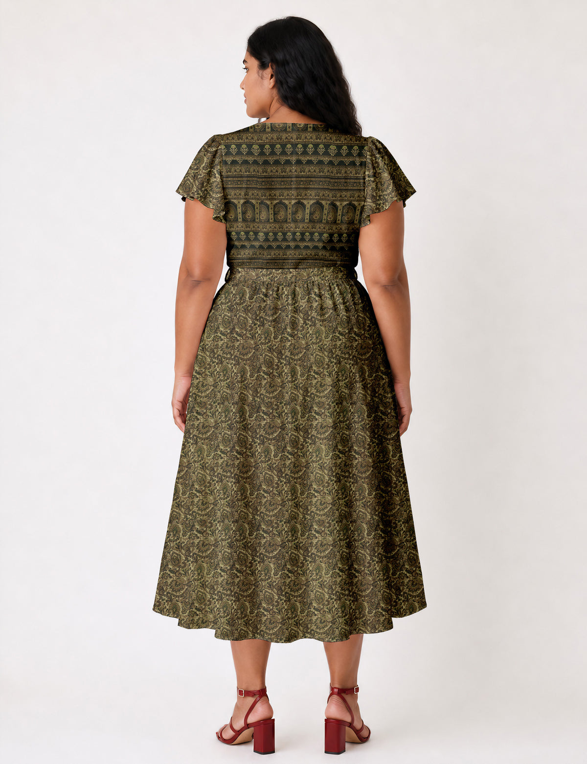 Elegant midi wrap dress with a V-neckline, adjustable waist tie, fitted bodice, and flared skirt for a timeless, flattering silhouette.