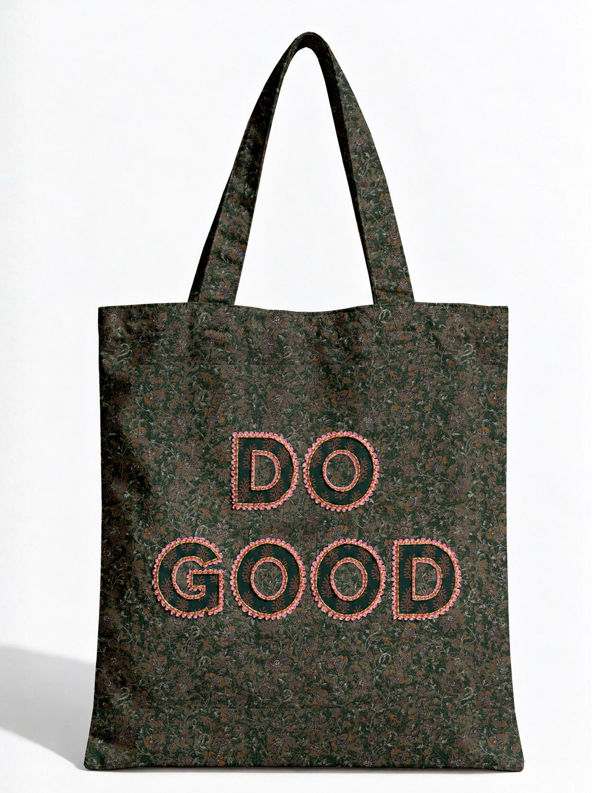 DO GOOD tote bag featuring contrasting sari fabric appliqué lettering, double shoulder straps, soft construction and an internal slip pocket with piping detail.