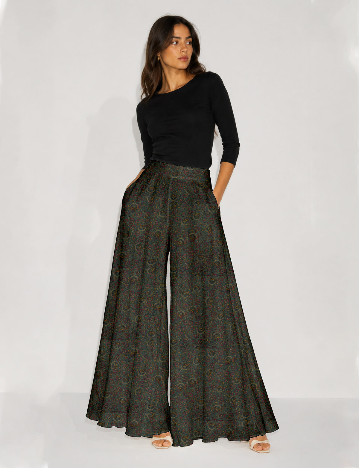 Wide Leg Palazzo Trousers - Green Tropical