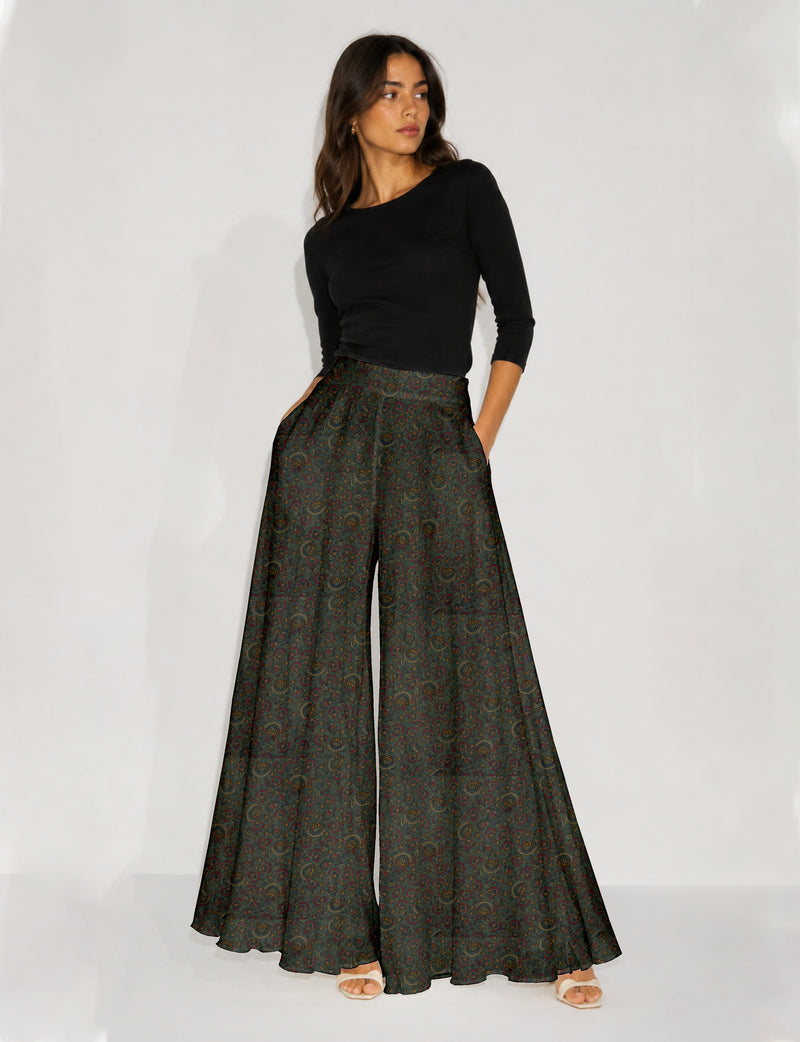 Wide Leg Palazzo Trousers - Green Tropical