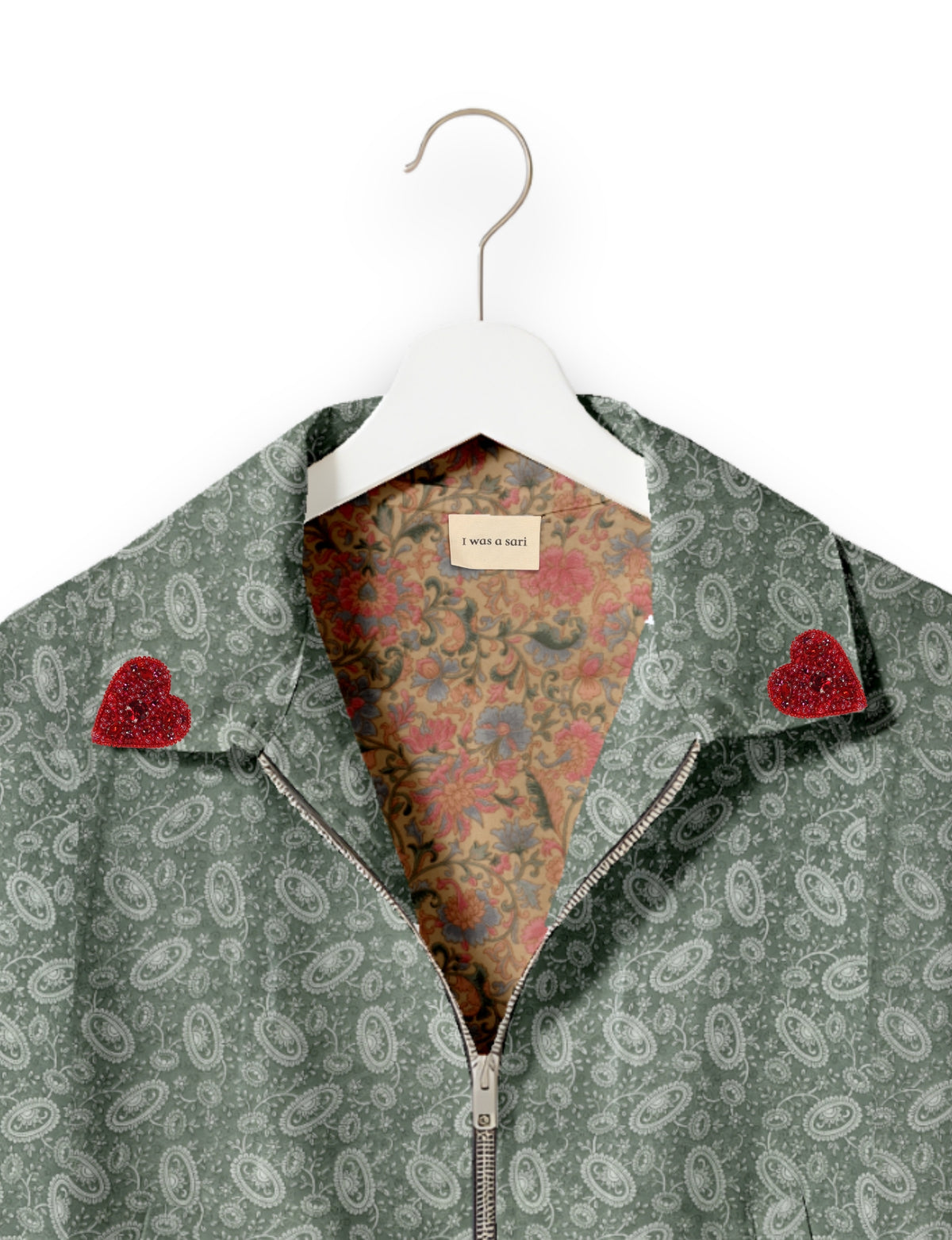 Love Bomber Jacket made from recycled fabric, featuring hand-stitched Aari embroidery. A unique piece of zero-waste clothing, part of the circular fashion movement. Designed with upcycled materials for a stylish yet environmentally friendly clothing choice.