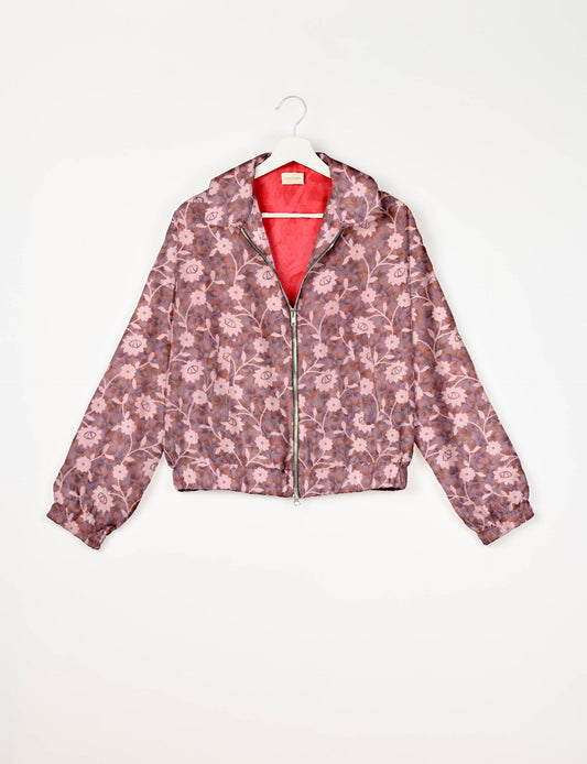 Stylish BOMBER JACKET, an upcycled clothing masterpiece with a cute cropped shape, elasticated details, and detachable metallic zipper. Contrast sari print lining adds a unique touch. Explore sustainable and eco-friendly fashion.