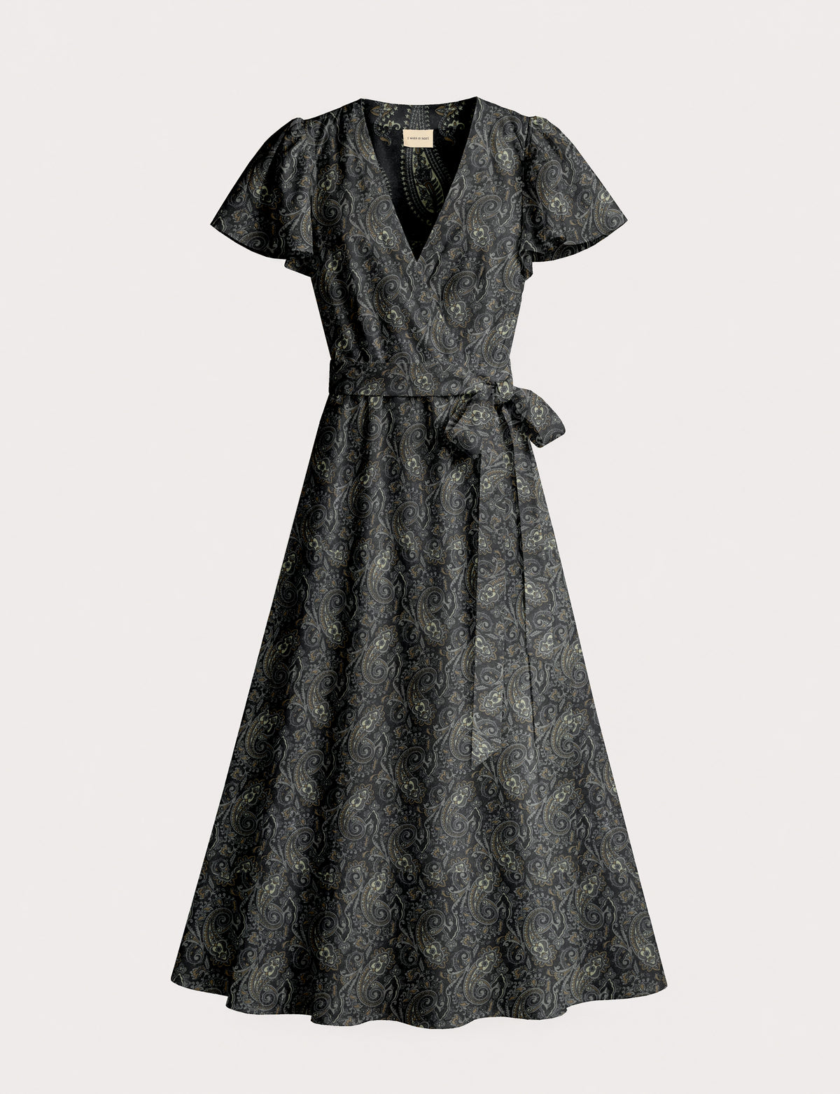 Midi wrap dress with V-neckline, fitted bodice, tie waist, and flared mid-calf skirt
