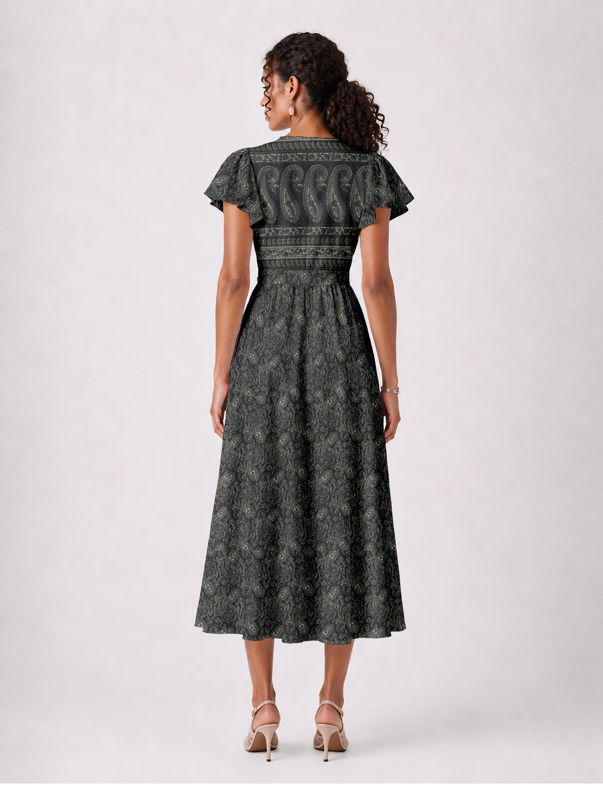 Midi wrap dress with V-neckline, fitted bodice, tie waist, and flared mid-calf skirt