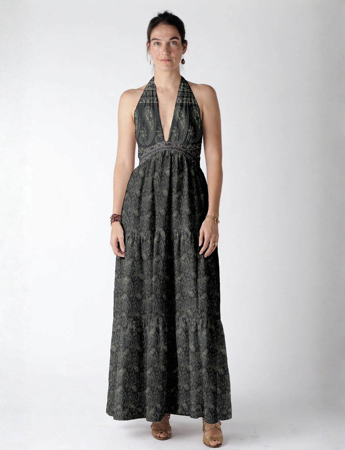 Maxi tiered dress by I was a Sari with halter neckline and flowy silhouette