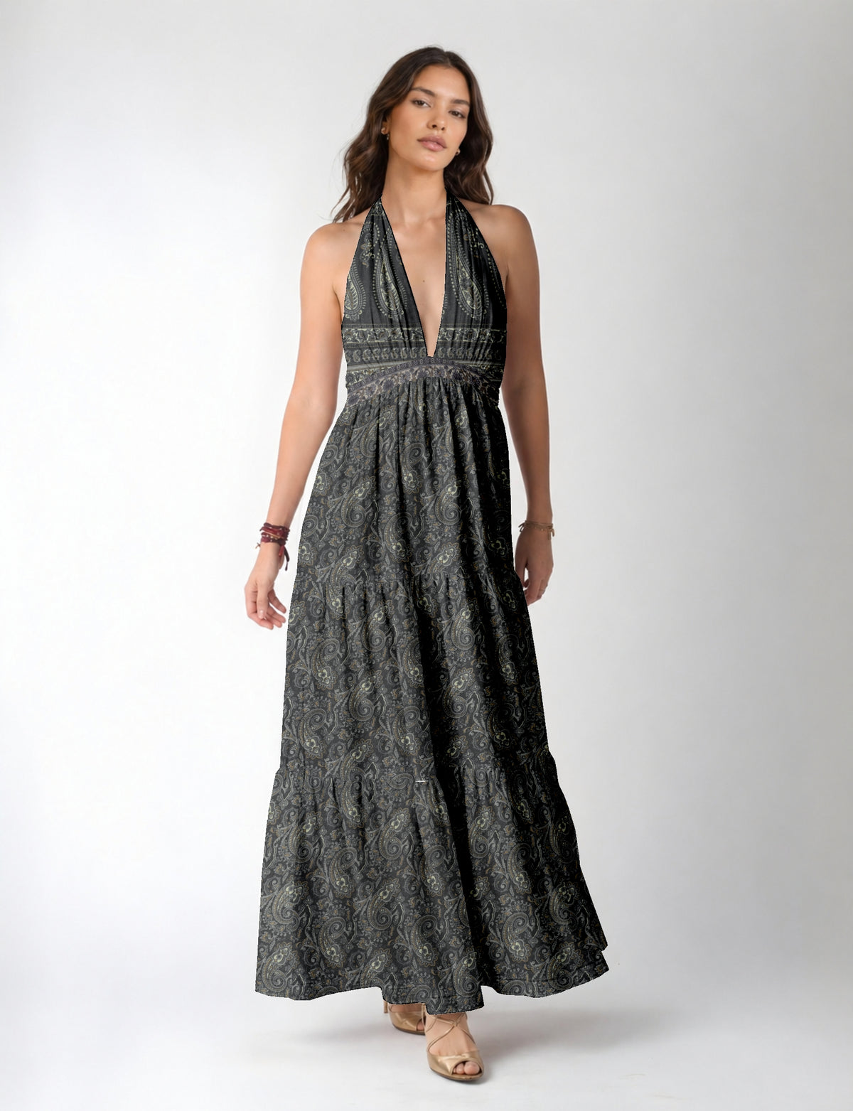 Elegant tiered maxi dress with adjustable tie neck design