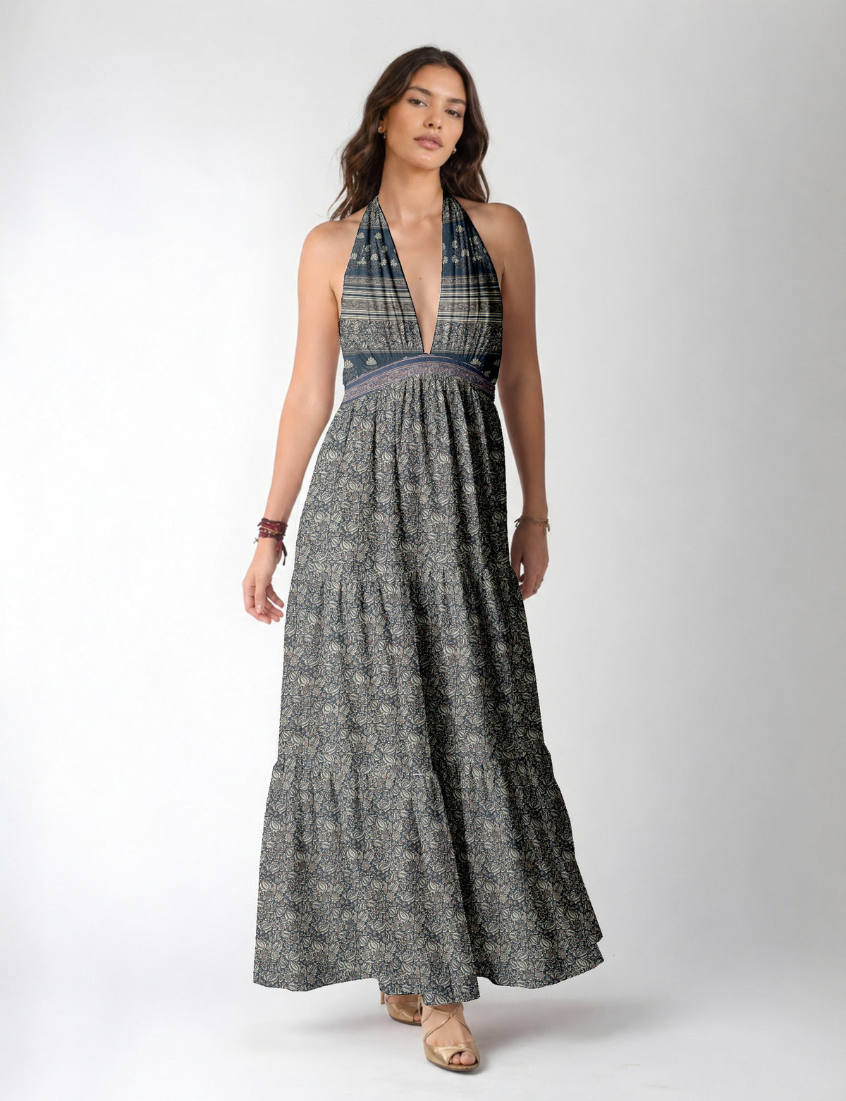 Maxi tiered dress by I was a Sari with halter neckline and flowy silhouette