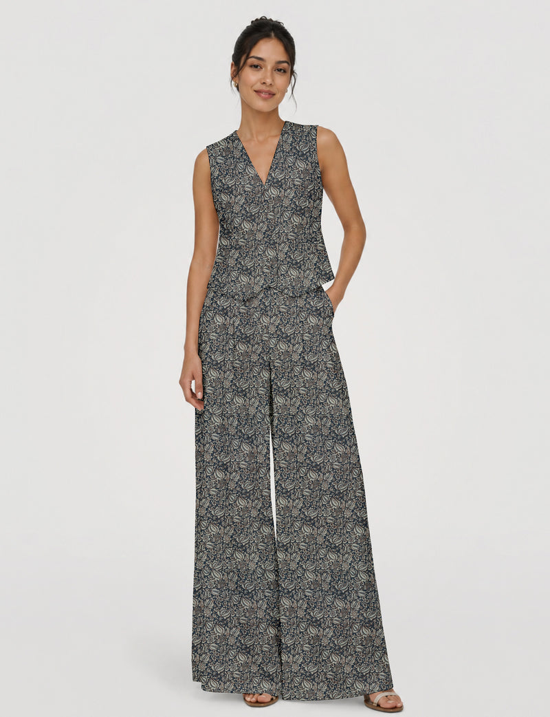 Women's tailored waistcoat set with a sleeveless V-neck button-front waistcoat and high-rise wide leg trousers in a coordinated matching outfit.