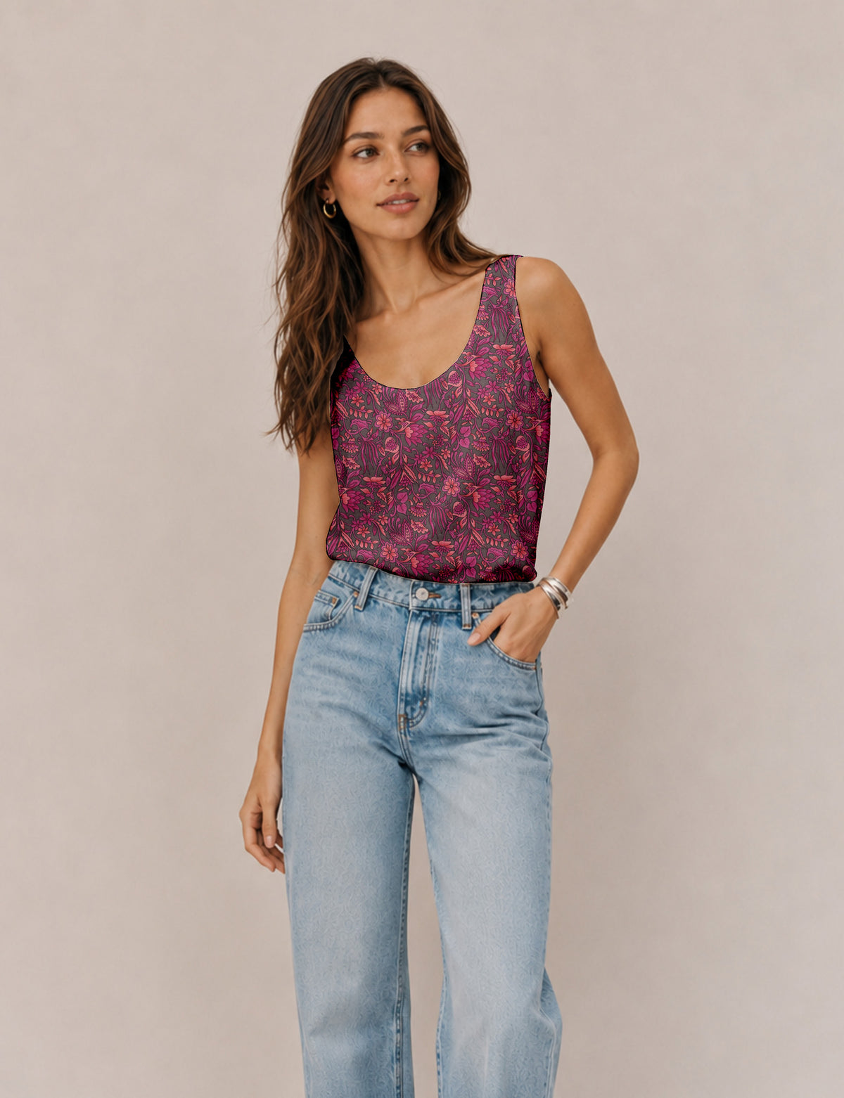 Women's sleeveless blouse with a relaxed straight fit, wide scoop neckline, deep scoop back, and hip-length silhouette.