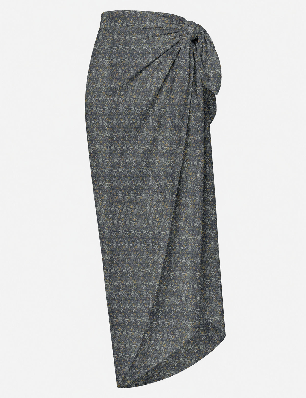 Grey tropical print pareo wrap skirt with side knot detail, shown flat against white background