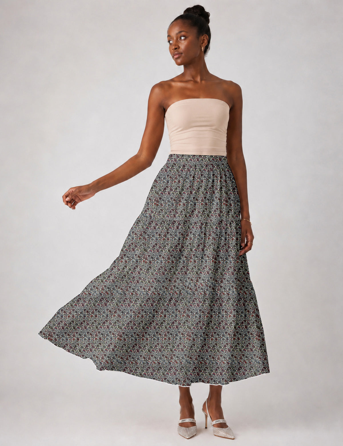 Midi Tiered Skirt - Grey Tropical