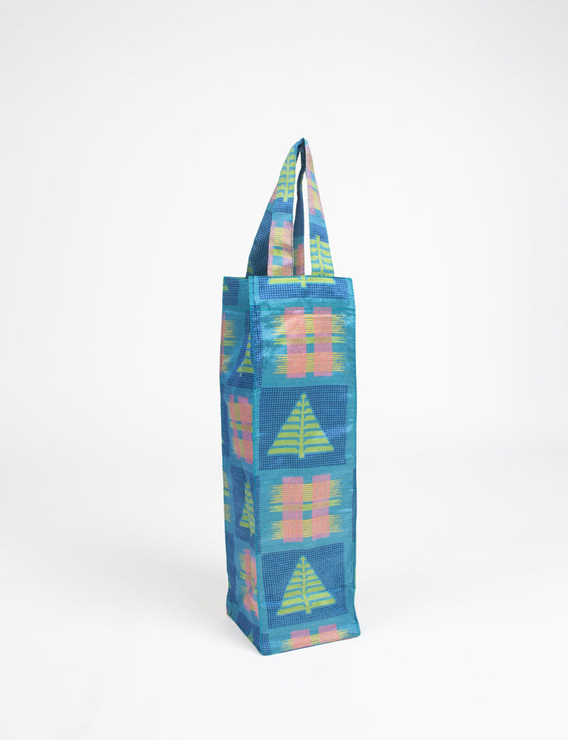 Blue ikat patterned fabric wine bag with handles, shown in side view against a white background