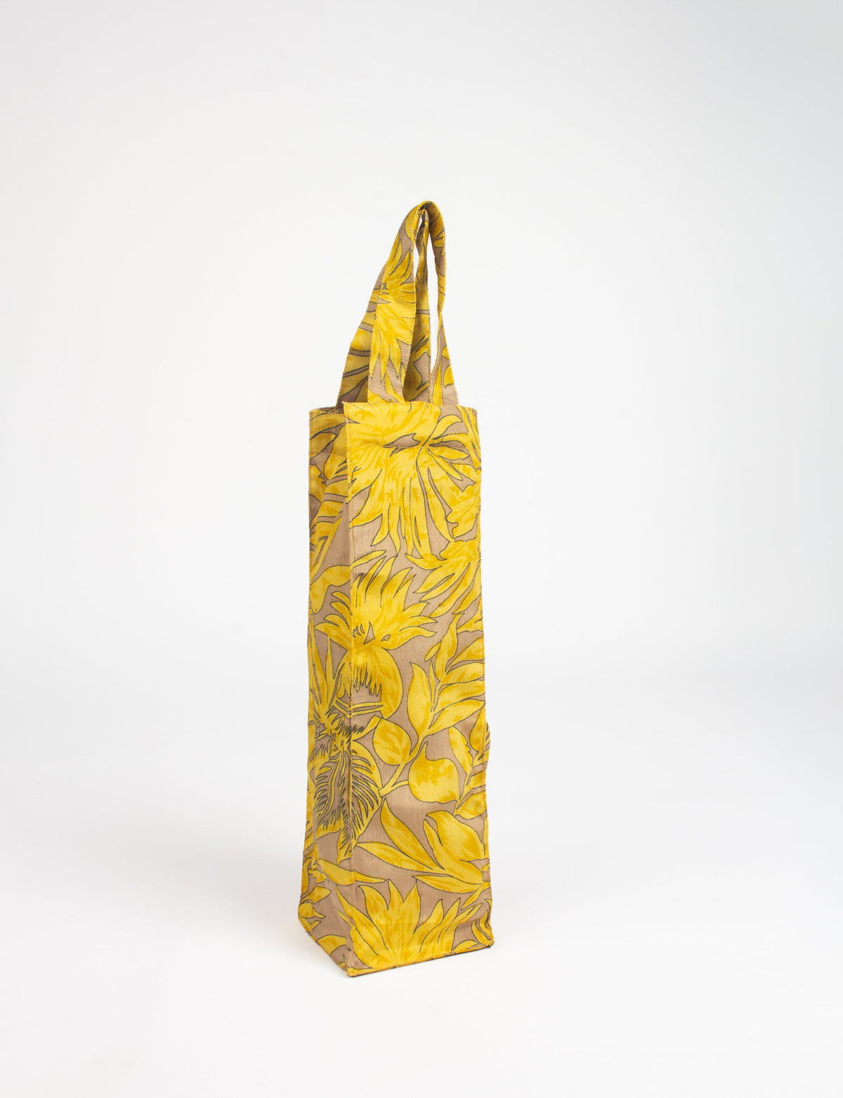 Yellow floral patterned fabric wine bag with handles, shown standing upright on a white background
