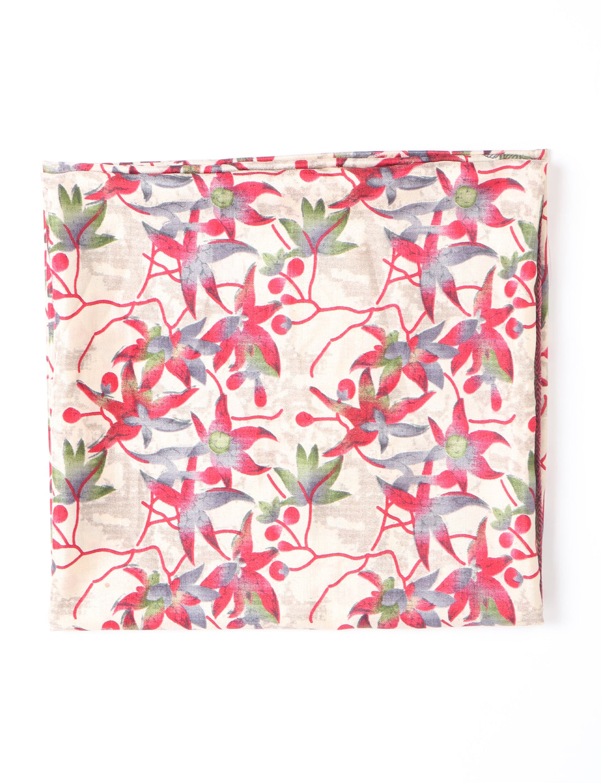 Beige pareo with red, green, and gray leaf and berry pattern, folded flat on white background