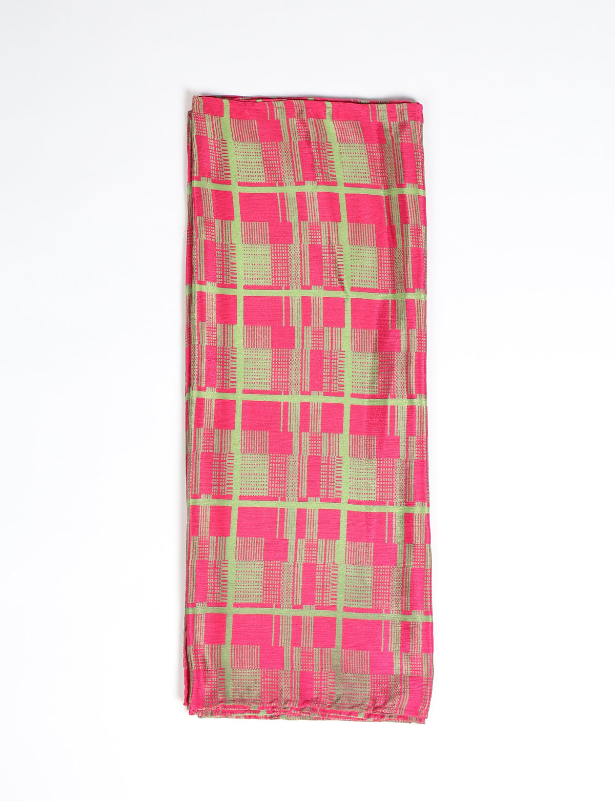 Folded pink stole with an abstract green and gold checkered pattern, flat lay on white background