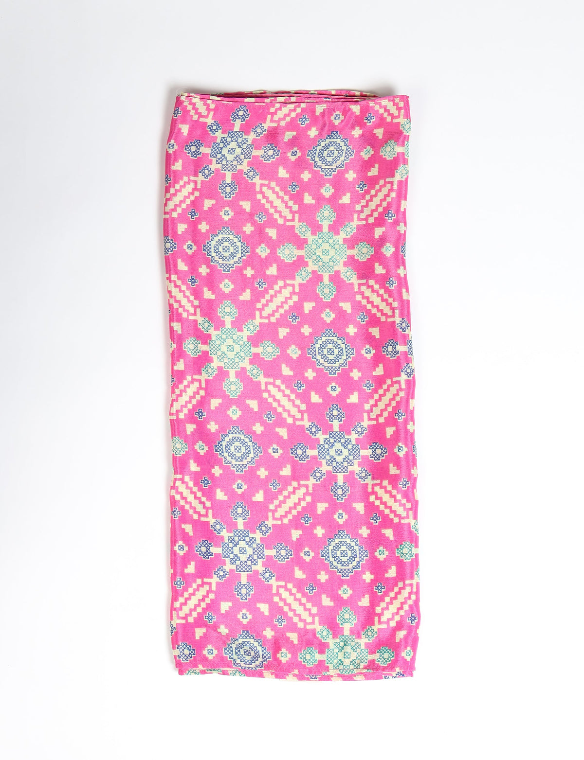 Pink stole with blue and cream geometric ethnic patterns, folded flat on a white background