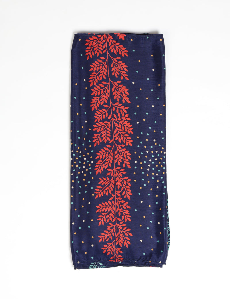 Blue stole with central vertical red floral vine pattern and scattered multicolored dots, shown folded flat on white background
