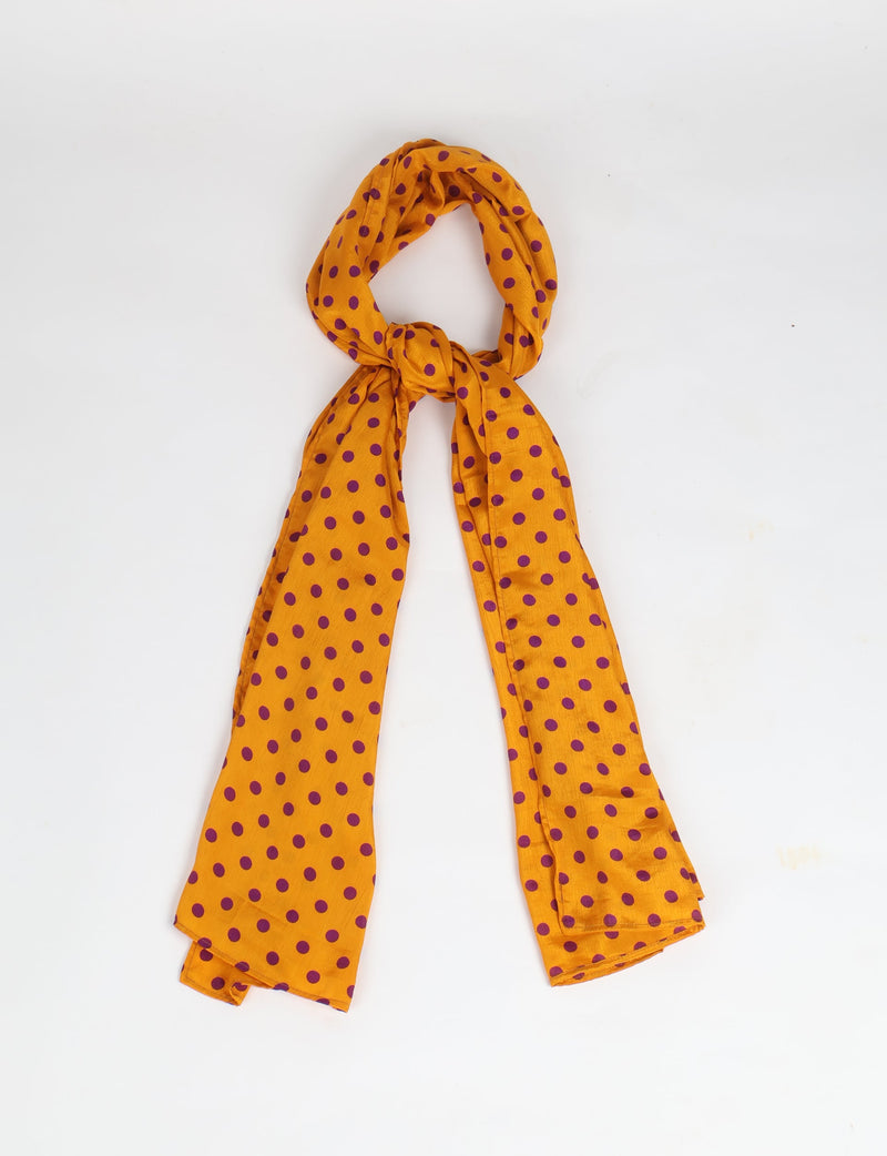 Yellow stole with purple polka dot micro design, shown knotted on a white background, lightweight fabric texture visible