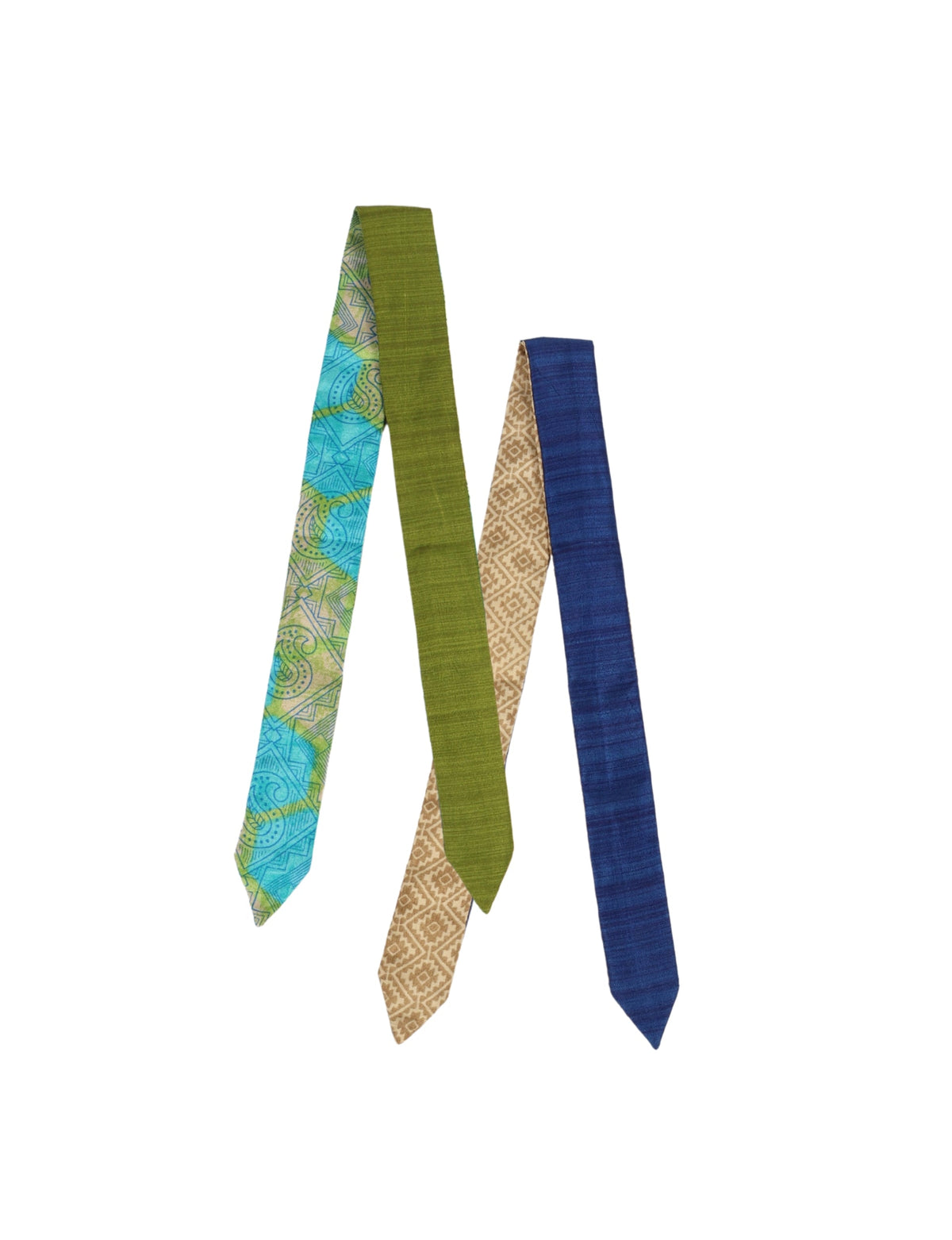Set of two headbands, one with blue and green paisley pattern and solid green back, the other with beige geometric pattern