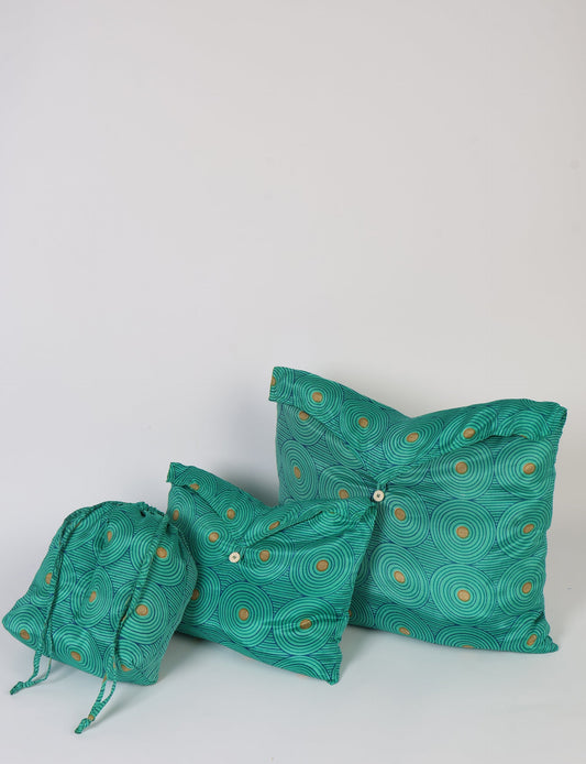 Eco-friendly travel pouch set crafted from upcycled materials. Perfect for organizing tech accessories, chargers, and small items on your sustainable journey.