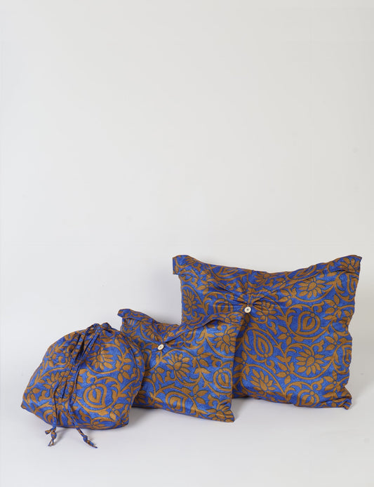 Eco-friendly travel pouch set crafted from upcycled materials. Perfect for organizing tech accessories, chargers, and small items on your sustainable journey.