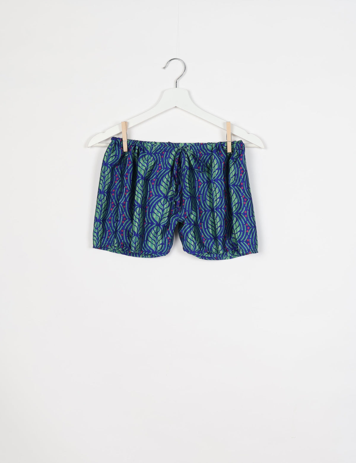 Blue shorts with green leaf and red dot pattern, elastic waistband with drawstring, hanging on white hanger front view