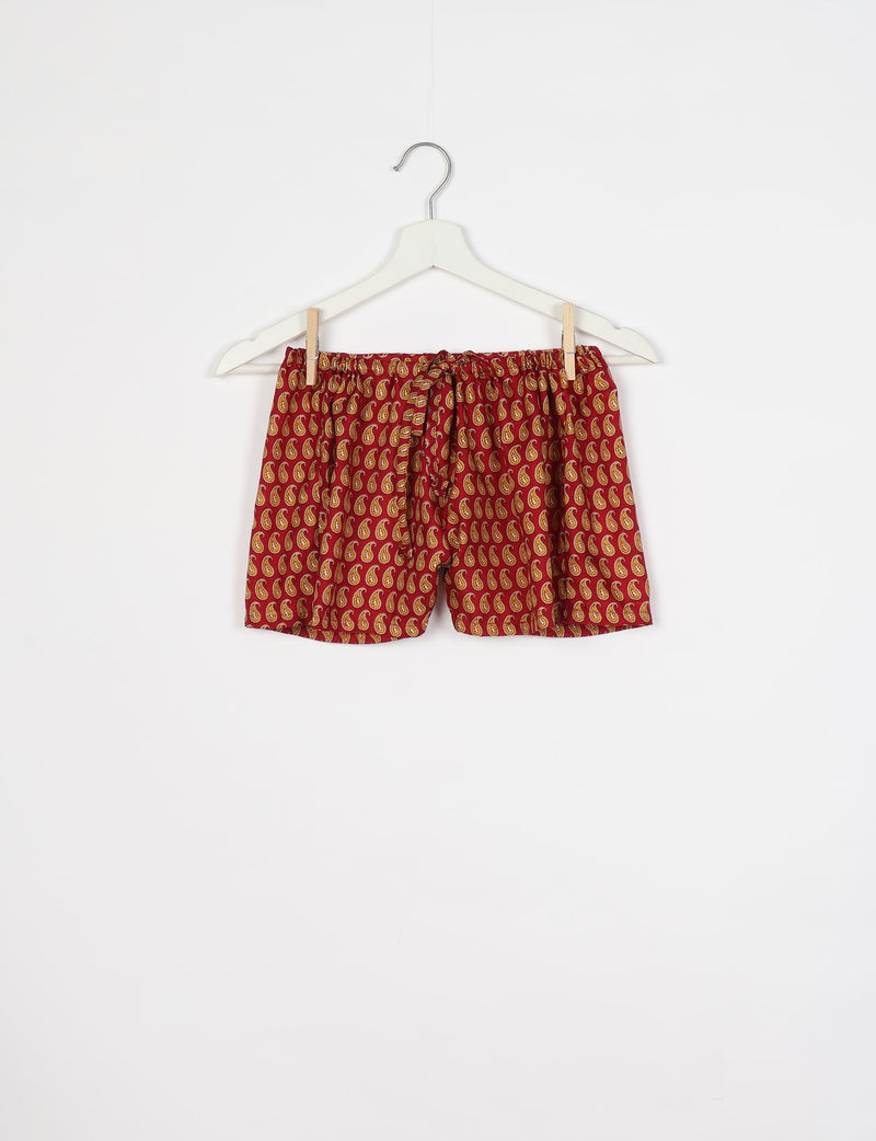 Red paisley patterned shorts with elastic waistband and front tie, hanging on white hanger against white background