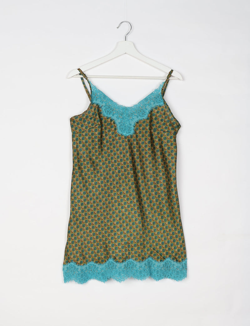 Green night dress with micro diamond pattern, turquoise lace trim at neckline and hem, hanging on white hanger