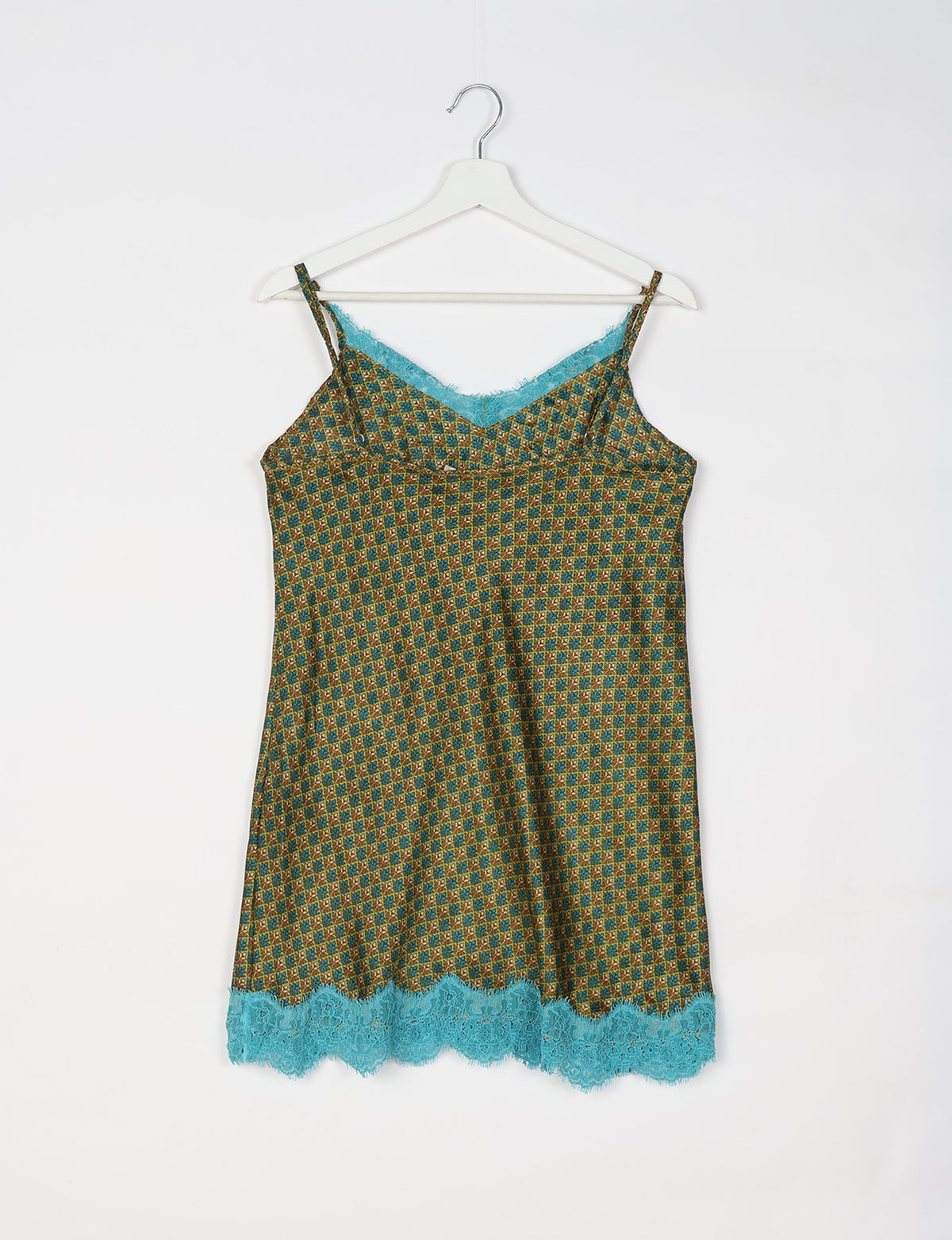 Green night dress with micro diamond pattern, turquoise lace trim at neckline and hem, thin shoulder straps, front view on hanger