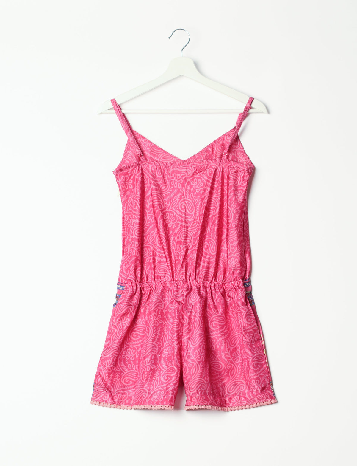 Vibrant playsuit with lace accents, crafted from upcycled saris. Embrace ethical fashion with this unique piece designed for conscious consumers.