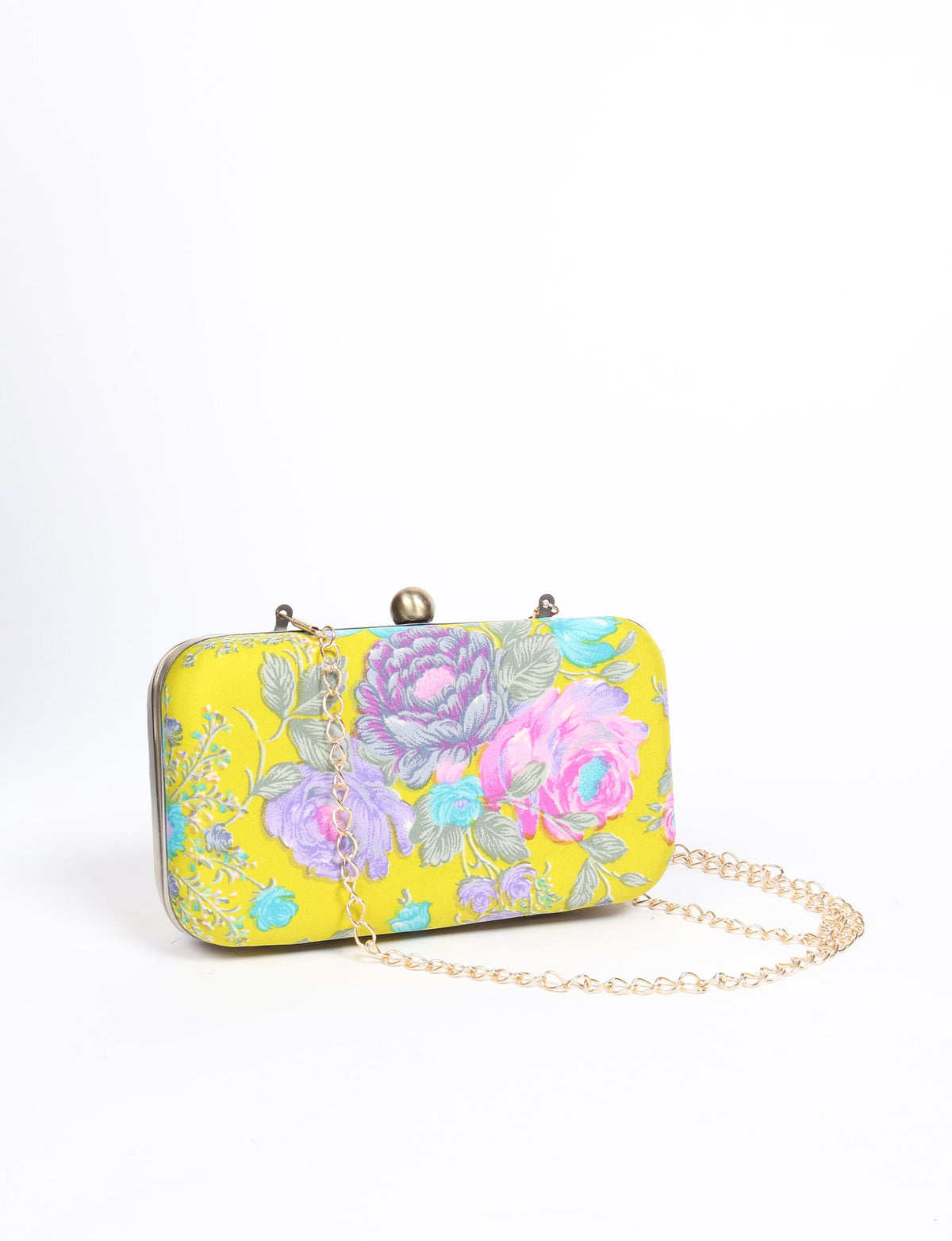 Yellow floral clutch handbag with purple, pink, and blue flowers, gold-tone frame, clasp, and chain strap, front view