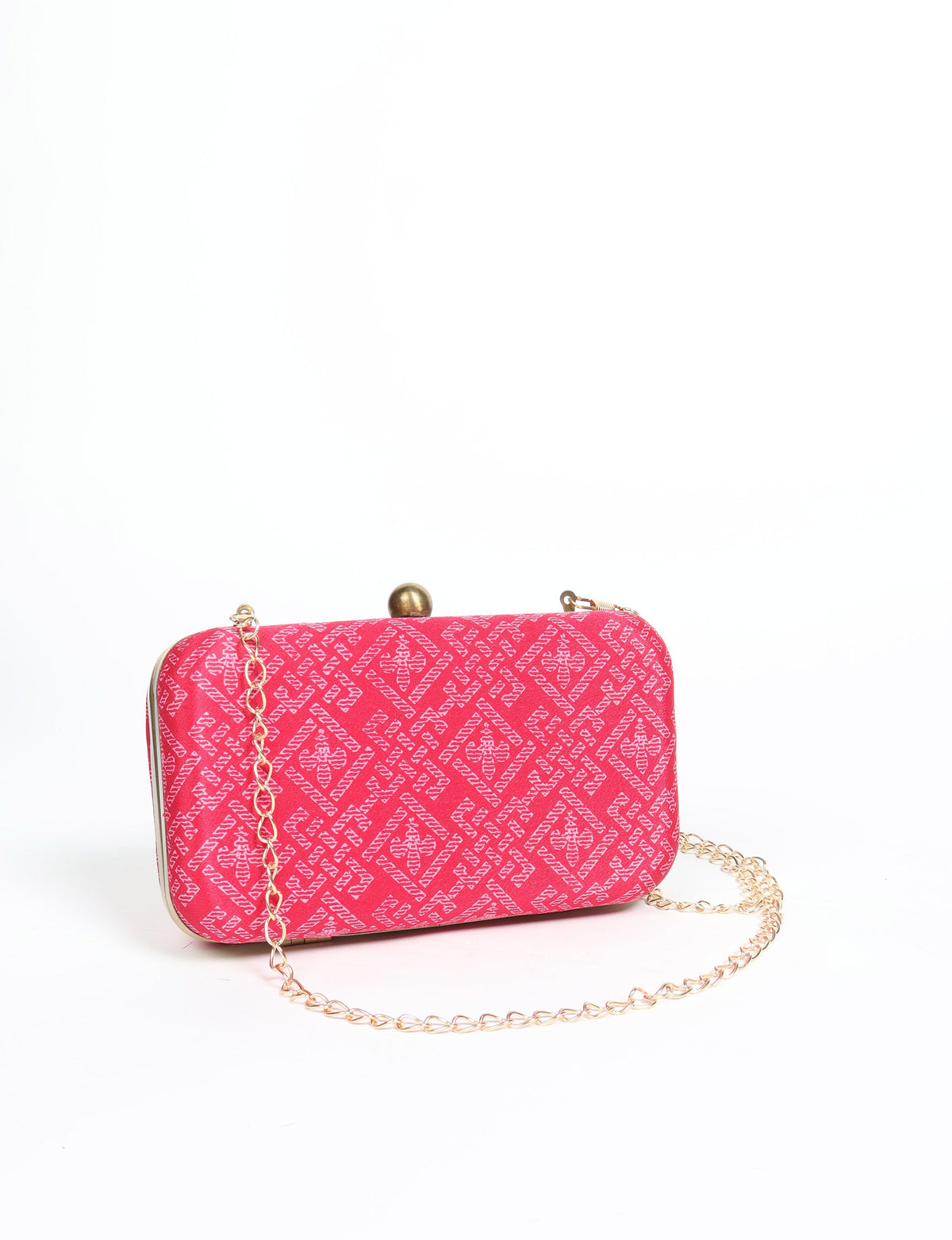 Red clutch handbag with white micro bee pattern, gold-tone frame, clasp, and chain strap, shown front view on white background